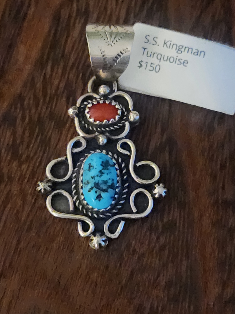 Turquoise & Coral Sterling Pendant